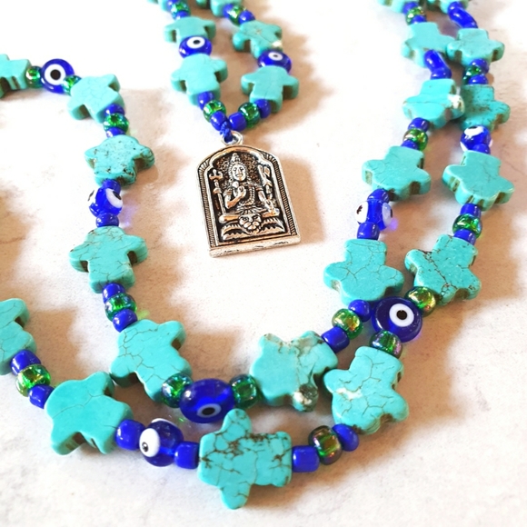 Turquoise Hamsa Hand Evil Eye Buddha Necklace - Picture 3 of 8